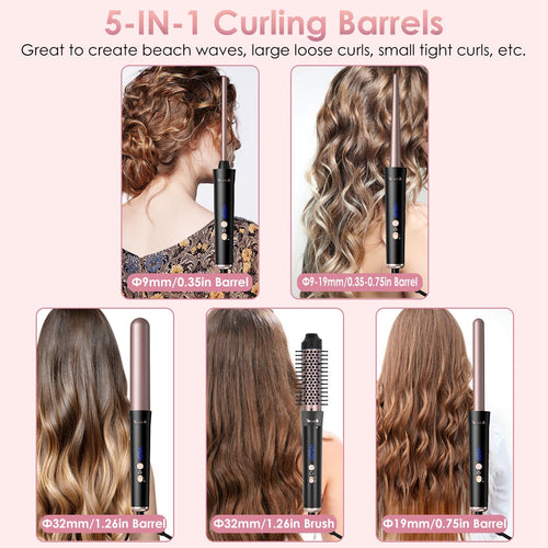 2 Type Options--1Pc 5 In 1 Curling Wand Hair Curling Iron Brush Anti-Tangle Hair Thermal Brush Curler With 4 Heating Levels 360 Degree Rotatable Cable 5 Interchangeable Barrels 2 Clips 1H Auto Off